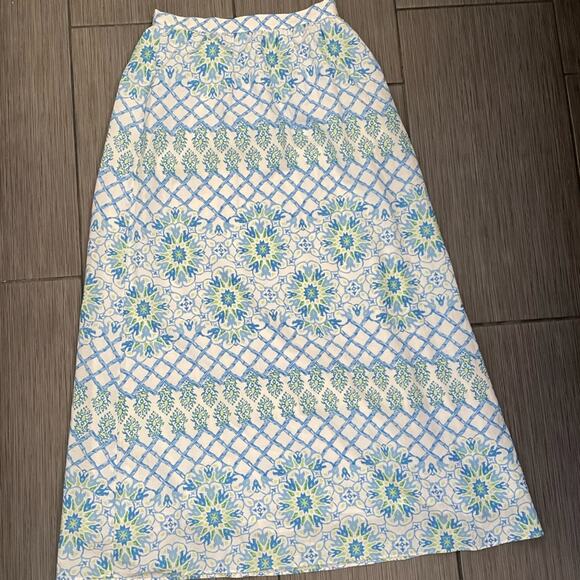 J. McLaughlin Blue/White/Green Maxi Skirt Pastel Spring Easter Small Cotton/Silk